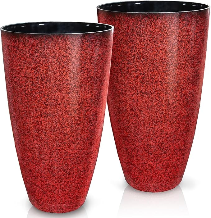 2 Pcs Pack 21 Inches Plastic Resin Tall Tapered Planter Pots Large Round Planter Flower Pot with Drainage Holes for Indoor Outdoor Deck Porch Yard Office Garden Home Patio Front Door (Red, L)