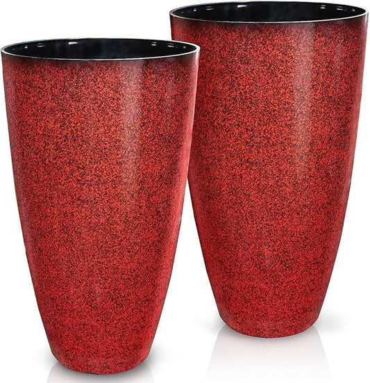 2 Pcs Pack 21 Inches Plastic Resin Tall Tapered Planter Pots Large Round Planter Flower Pot with Drainage Holes for Indoor Outdoor Deck Porch Yard Office Garden Home Patio Front Door (Red, L)
