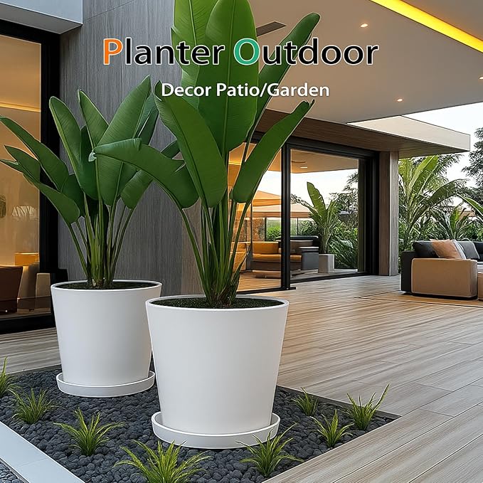 Wide Planters for Outdoor Plants, Extra Large Indoor Flower Pots for Garden, Front Porch, Patio - Round Resin Planter Set of 2 (White, 16" D x 14" H)