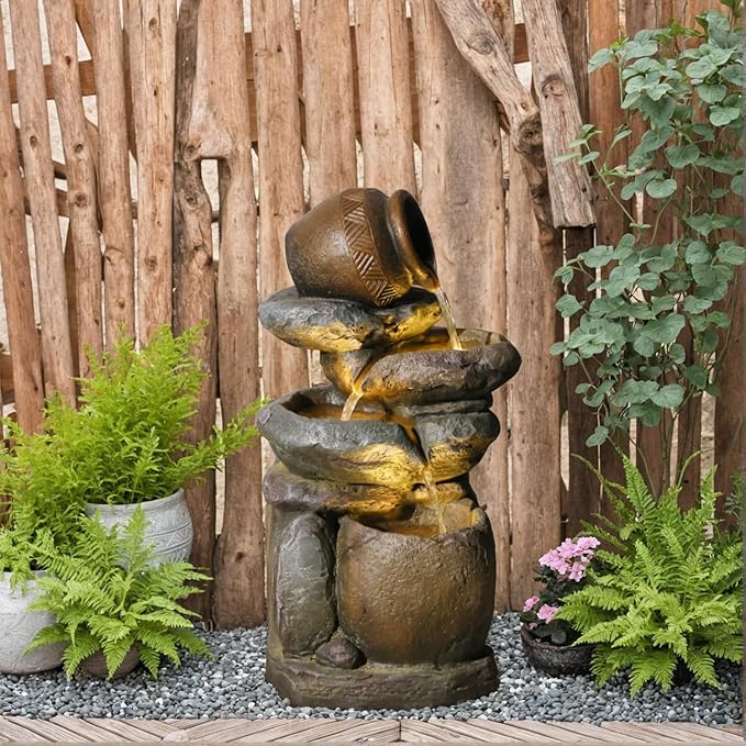 Outdoor Rock Garden Water Fountain for Garden, Patio, Backyard, Deck, Porch and Office, Living Room Home Art Decor, 3 Tiers Natural Cascading Outdoor Fountain with LED Lights 11“x9”x22