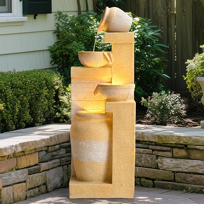 31.89" Outdoor Garden Water Fountain with Lights 4 Tiers Cascading Large Waterfall Floor Standing Fountain for Patio, Backyard, Deck, Porch and Home Art Decor