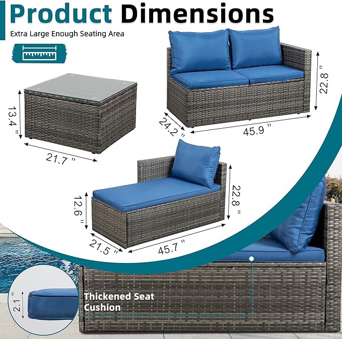 SUNLEI Small Outdoor Sofa Patio Furniture Set with Detachable Cushions, 3 PCS Patio Sectional Sofa with Coffee Table & 5 Position Adjustable,PE Rattan Patio Conversation Set, Silver Rattan/Royal Blue