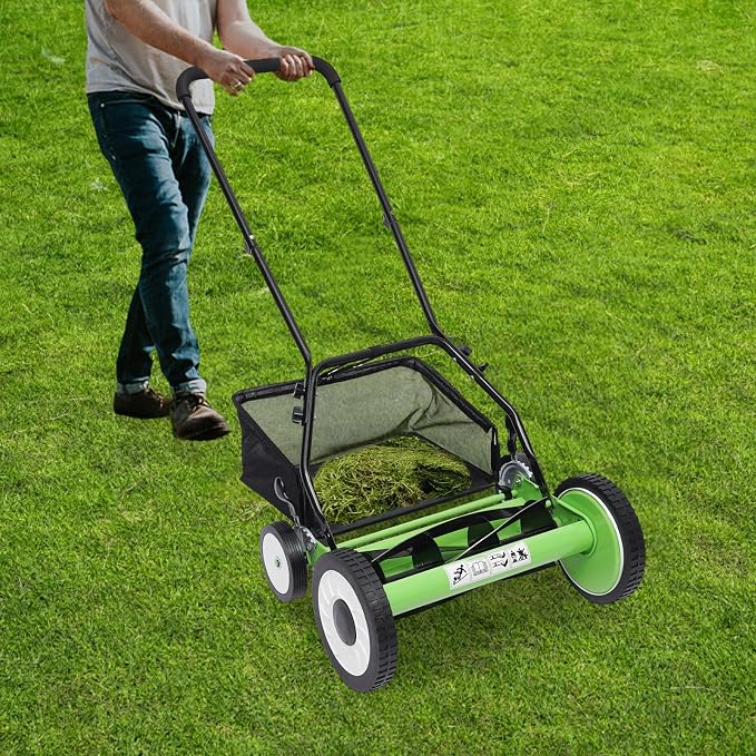 16 Inch 5-Blade Reel Lawn Mower, Manual Push Reel Lawnmower 9-Position Height Adjustment Grass Cutter with Grass Catcher, Cordless Lawn Sweeper Walk Behind Reel Mower, 1.34-2.52in Mowing Height - Image 9