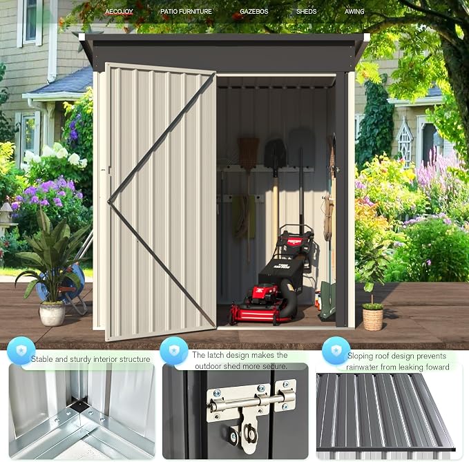 AECOJOY 5' x 3' Outdoor Storage Shed, Small Metal Shed with Lockable Door, Utility and Tool Storage for Garden, Backyard, Patio, Outside use in White - Image 3