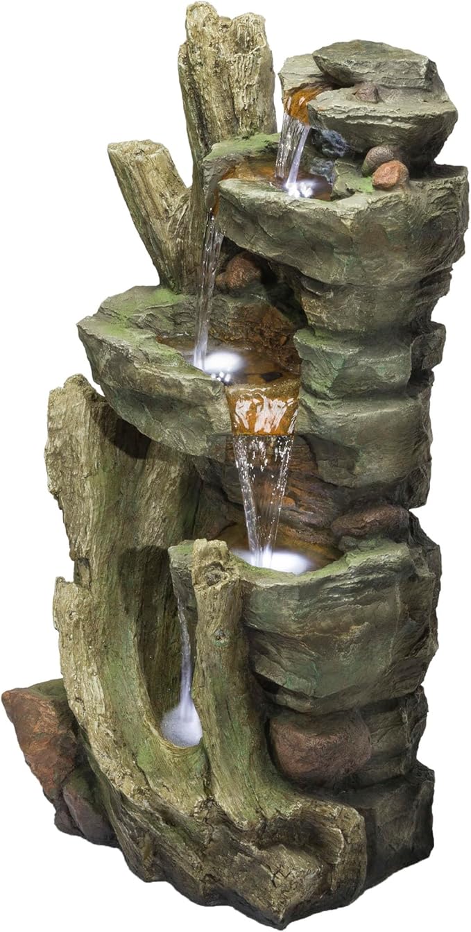 Alpine Corporation TZL292 Outdoor Floor Cascading Stone Tower Fountain, Garden Fountain with Natural Stone Look 40", Gray