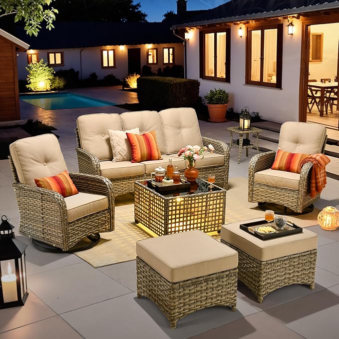 HOOOWOOO Outdoor Patio Furniture Set with Light Table,7 Pieces Wicker Conversation Set,All Weather High Back Couch Sofa Swivel Chairs Ottomans Set,Beige