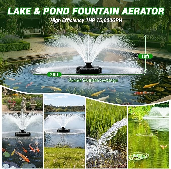 Pond Fountain Aerator, 1HP 750W Floating Fountain Aerator System for Outdoor Small Large Pond Lake, 110V 15000 GPH Fully Automatic Stainless Steel Fountain Pump with 100 Feet Power Cord