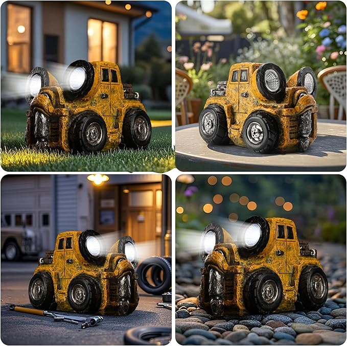 Garden Statue Outdoor Construction Truck Decor with Solar Light Decoration for Yard Patio Lawn Vintage Engineering Decor Gifts for Men