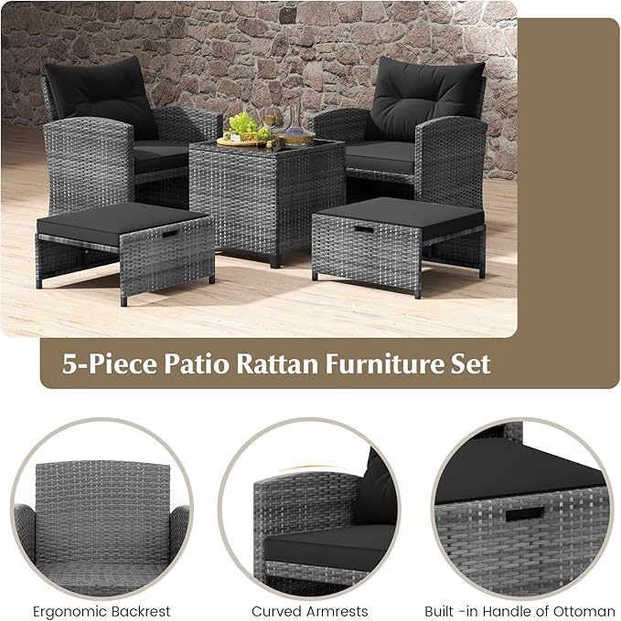 KOTEK 5 Pieces Patio Furniture Set with Ottomans, Wicker Patio Conversation Set with Coffee Table & Cushions, PE Rattan Outdoor Lounge Chairs for Backyard, Porch, Poolside (Mix Grey- Black)