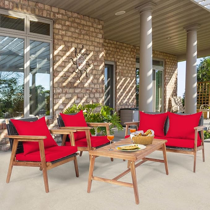 Tangkula 8-Piece Patio Furniture Set, Outdoor Acacia Wood Conversation Set with Cushions and Coffee Table, Outdoor PE Wicker Sectional Sofa Set for Garden, Poolside and Backyard (2, Red)
