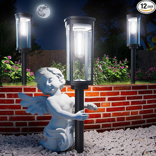 Solar Pathway Lights Outdoor, Bright Solar Lights Outdoor, IP65 Waterproof Landscape Lighting for Yard Patio Walkway Driveway Pathway (Cool White (Cylinder), 12 Pack)