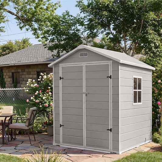 Resin Outdoor Storage Sheds 4x6 ft, Upgraded Double-Wall Outdoor Plastic Shed with Window & Double Doors, Waterproof Lockable Garden Shed (Light Gray, 6 X 4 ft) by Unknown