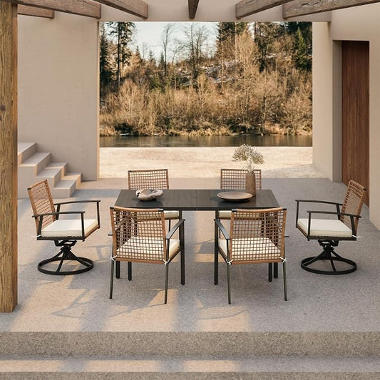 LAUSAINT HOME 7 Pieces Patio Dining Set, Outdoor Furniture Set of 6 Wicker Chairs (2 of Them Swivel) with Soft Cushion and Iron Slats Table Top with Umbrella Hole, Conversation Set for Backyard by LAUSAINTHOME
