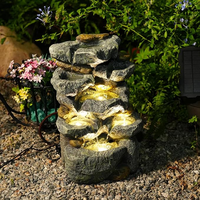 Solar Water Fountain Outdoor Garden, 19.3 Inch Cascading Stone Design 5 Tier Rock Feature Outdoor Fountains Waterfalls with Light, Pump Solar Panel for Patio, Deck, Porch, Backyard Home Décor
