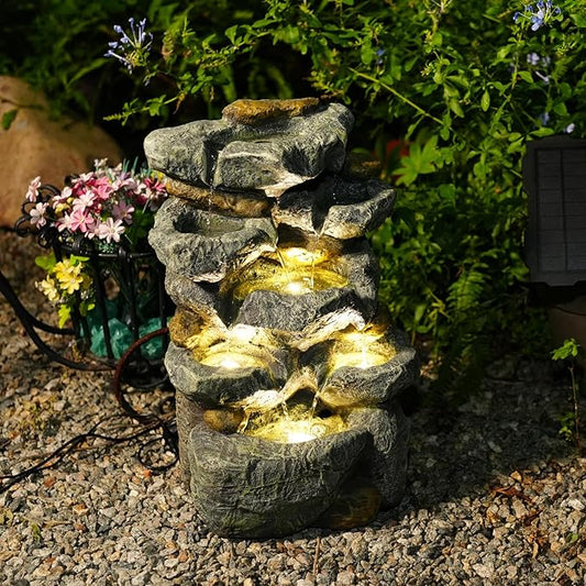 Solar Water Fountain Outdoor Garden, 19.3 Inch Cascading Stone Design 5 Tier Rock Feature Outdoor Fountains Waterfalls with Light, Pump Solar Panel for Patio, Deck, Porch, Backyard Home Décor
