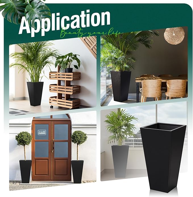 Tall Tapered Planter Front Porch Metal Flower Plant Pot Black 26 in Indoor Outdoor Galvanized Steel Modern Planter for Garden Patio Grande Plant Tree Commercial Residential