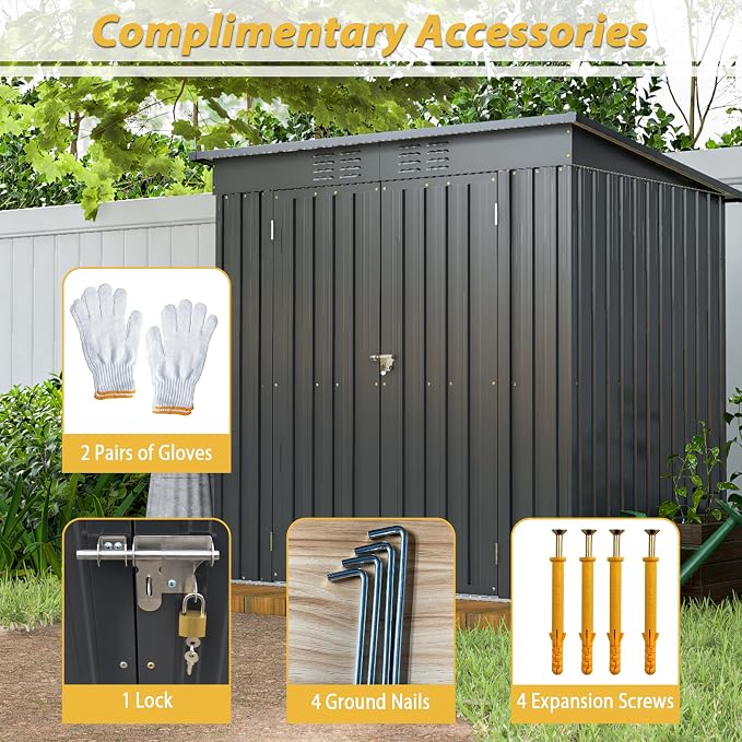YOPTO 6x4 FT Outdoor Storage Shed,Metal Heavy-Duty Tool Shed with Hinged Door and Padlock,Waterproof Garden Shed W/Vents,All Weather,Foldable House for Garden Backyard,Lawn,Black - Image 7