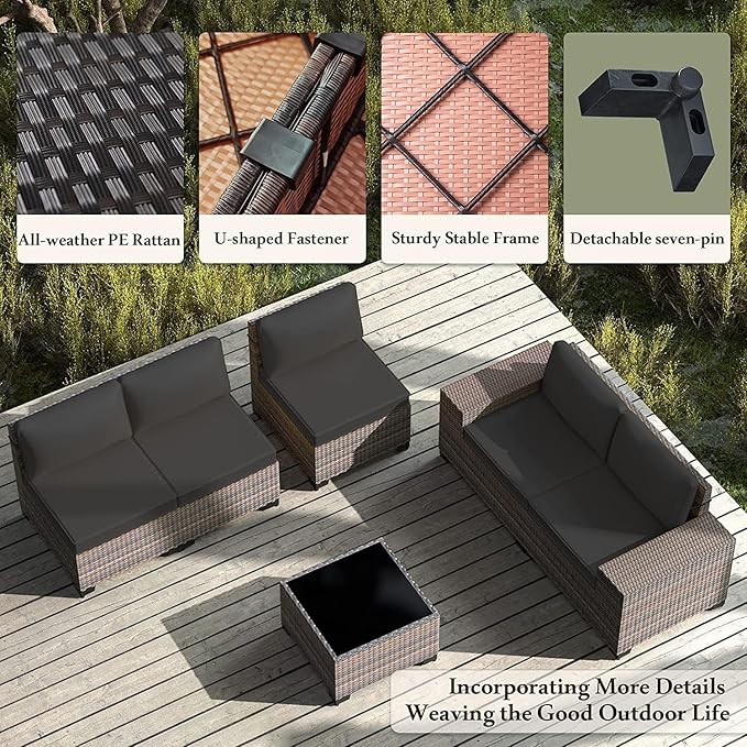 6 PCS Outdoor Patio Furniture Set,Outdoor Sectional Furniture All Weather PE Rattan Wicker Patio Conversation Set with Coffee Table and 5 Thickened Cushions,Black