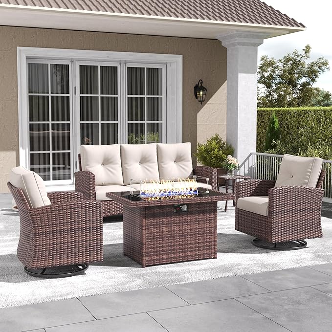 LayinSun 5 Pieces Patio Furniture Set with Swivel Chairs, Rattan Wicker Rocking Glide Chairs with 44" Propane Gas Fire Pit Table Conversation Set