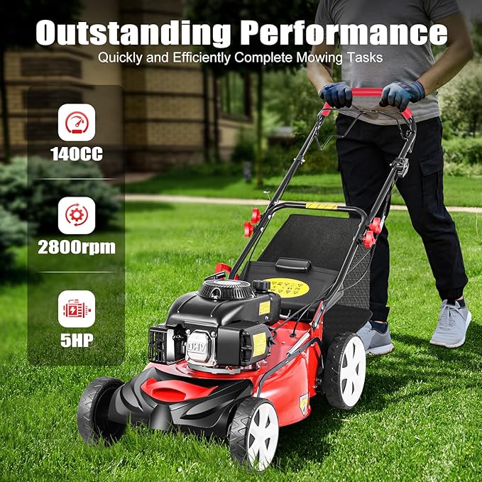 20Inch Self Propelled Mower 4KW 140CC 4-Stroke Engine, Gas Push Lawn Mower, 3-in-1 Lawn Mower with 16 gal Capacity Grass Bag & 8 Position Height Adjustable for Lawn Weeding - Image 2