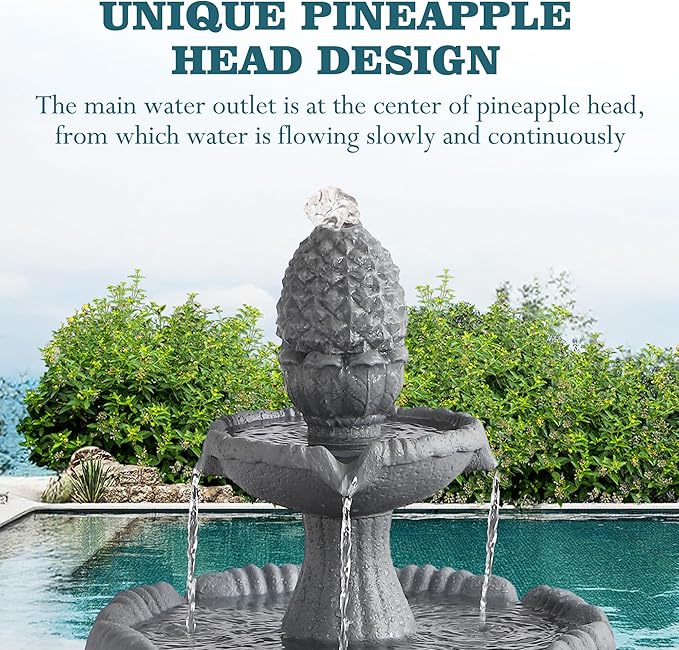 MAGIC UNION Garden Water Fountain Outdoor, 47.3" High Large Roman Italian Indoor Waterfalls, 3-Tier Standing Water Feature Fountains w/Pump & Pineapple Top for Outside Patio, Yard and Lawn (Gray)