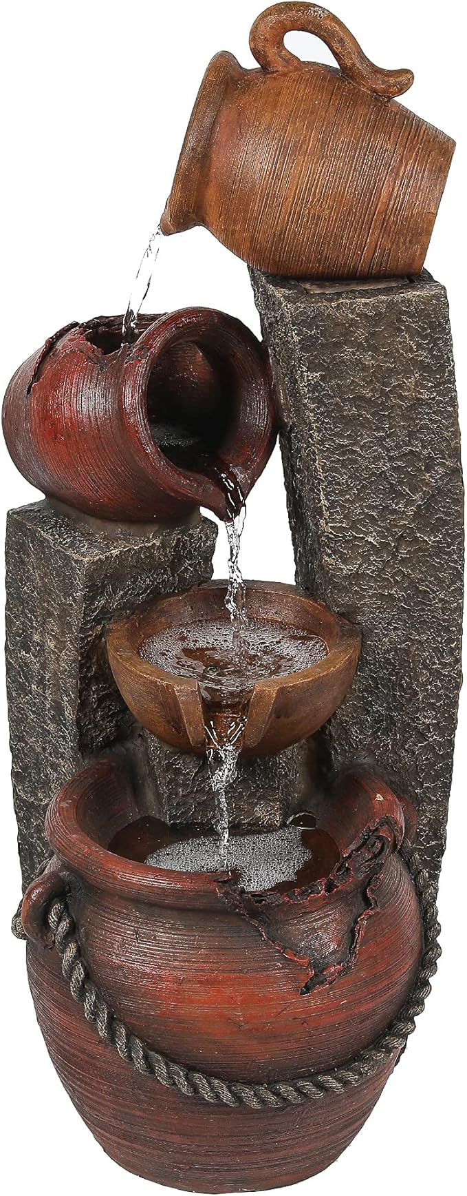 LuxenHome Outdoor Water Fountain, 32 Inch Farmhouse Water Fountain Outdoor with Lights, Cascading Pitchers Po Indoor and Outdoor Fountains and Waterfalls, Garden Water Feature Decor
