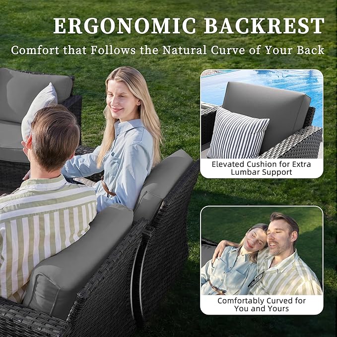 UDPATIO Patio Furniture Set, 5 Pieces Outdoor Conversation Sets with Rocking Swivel Chairs, Wicker Rattan Outdoor Sofa Set with Storage Table and Waterproof Covers for Backyard, Deck, Porch, Grey