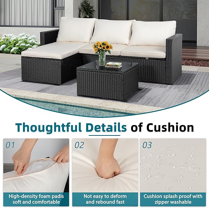 SUNLEI 3-Piece Patio Sectional Sofa, Patio Furniture Set with Detachable Soft Cushions, Outdoor PE Rattan Patio Conversation Sofa Set with Glass Coffee Table & Ottoman, Black Rattan/White