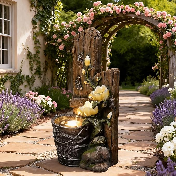 30.7" H 3-Tier Rustic Water Fountain Outdoor with Lights, Faux Iron Bucket & Wooden Stripe Cascading Waterfall Feature with Flowers & Butterfly for Garden, Patio, Backyard, Porch, Yard Decor