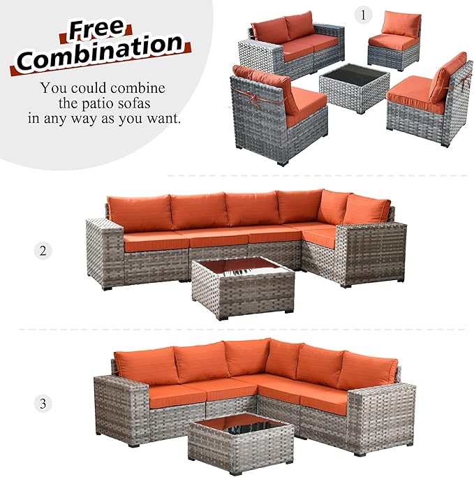 HOOOWOOO Modular Patio Outdoor Sectional Furniture Set,6 Piece Wicker Conversation Sofa Set,Out Door Couch Set with Wide Arm for Outside All Weather(Orange Red)
