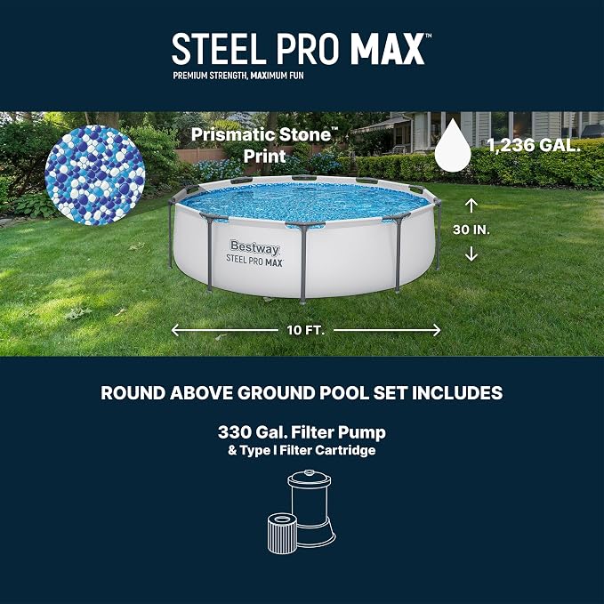 Bestway Steel Pro MAX 10' x 30" Above Ground Pool, Round Metal Frame Outdoor Swimming Pool Set with Filter Pump & Type I Cartridge, Gray - Image 3
