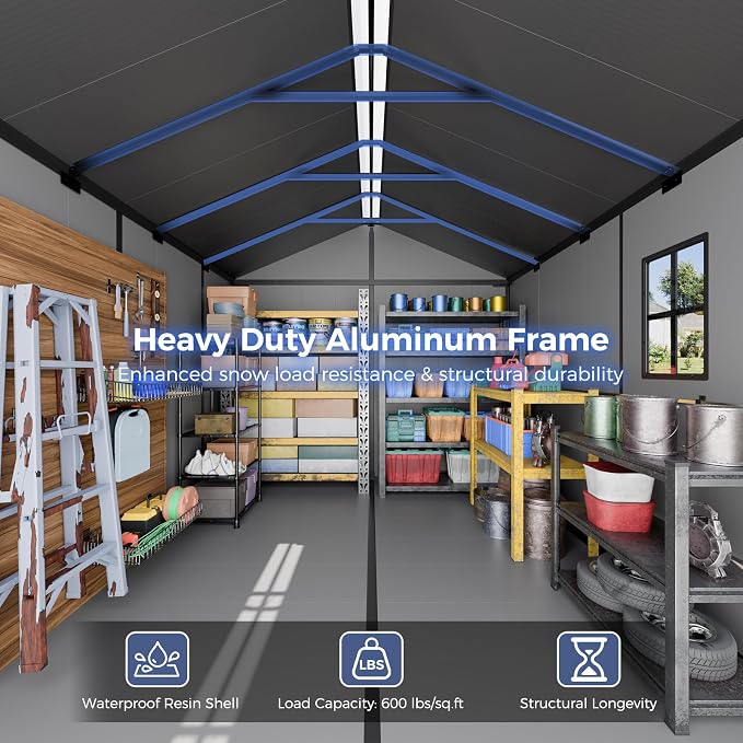 CDCASA 8x8x7 FT Resin Shed with Floor Included, Steel‑Reinforced Large Waterproof Outdoor Storage Sheds with Base & Lockable Door & Window & Vents, Outside Plastic Tool for Outside Patio Backyard - Image 4
