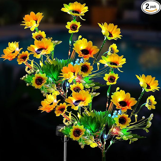 2 Pack Solar Garden Lights Outdoor, Colorful LED Waterproof Solar Powered Sunflowers Landscape Lights for Outside Yard, Patio, Pathway Decorative, D??cor, Gifts, Two Lighting Modes