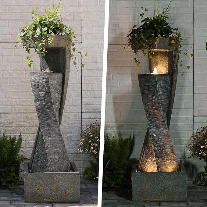 47.2" H Garden Fountains Outdoor Modern Water Fountain Indoor Floor Standing Large Waterfall with LED Lights and Pump for Patio Decor, Yard Decorations