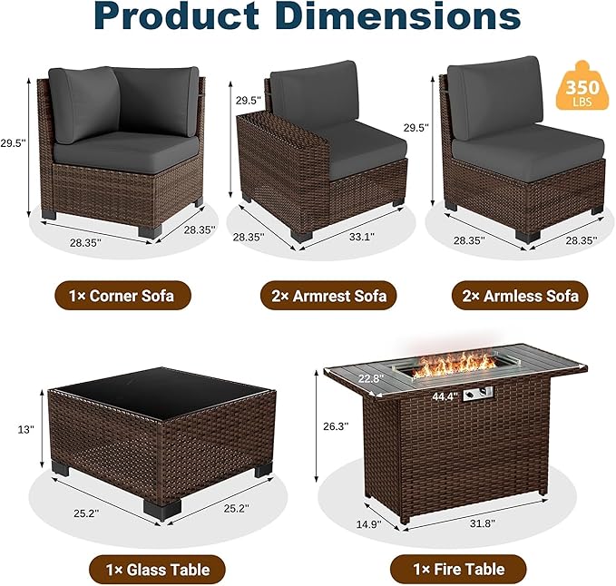 13 Piece Patio Furniture Set with Fire Pit Table, Wide Armrest Outdoor Sectional Sofa Brown Wicker Rattan Conversation Sets, 4'' Thickened Cushion Navy Blue