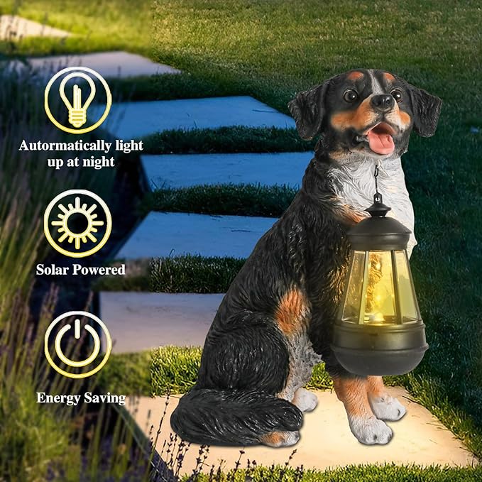 Afirst Dog Garden Statue - Outdoor Decor with Solar Lantern Valentine's Day Gift Lovely Bernese Mountain Dog Figurine Patio Lawn Yard Art Ornaments Housewarming Gift