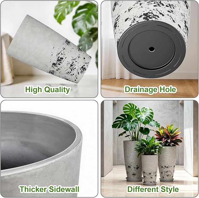 QCQHDU 24, 21, 18 inch Tall Planters for Outdoor Plants, with Drainage Hole & Saucer, Set of 3 Tall Outdoor Planter for Indoor & Outdoor Plants, Modern Home Decor