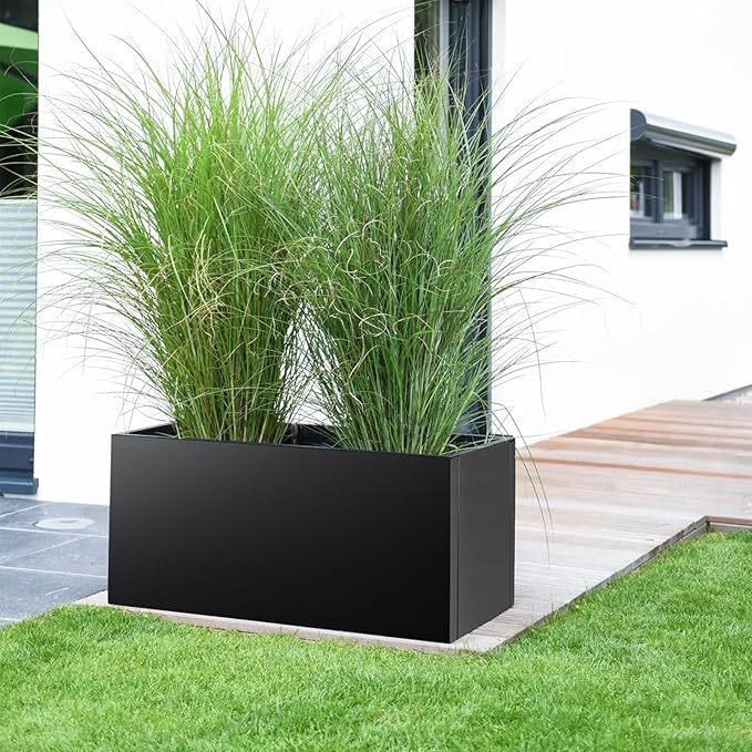 32"x16"x16" Large Metal Planter Box, Heavy-Duty Rust Resistant Steel Planter with Drainage Hole, Modern Rectangular Planter for Outdoor Indoor Patio Garden Yard (Black)