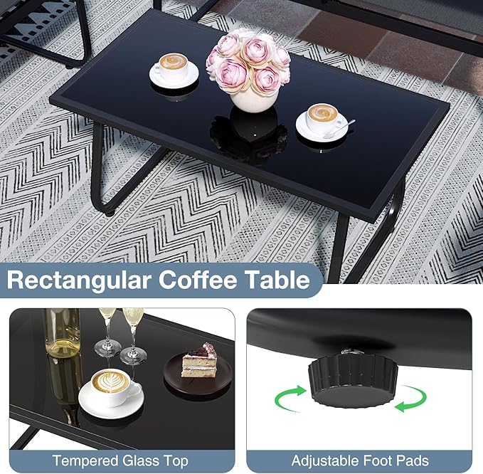 HAPPYGRILL 4 Pieces Patio Conversation Set, Fabric Lawn Chairs and Loveseat with Tempered Glass Coffee Table, Heavy Duty Metal Frame, Outdoor Furniture Set for Porch, Garden and Poolside