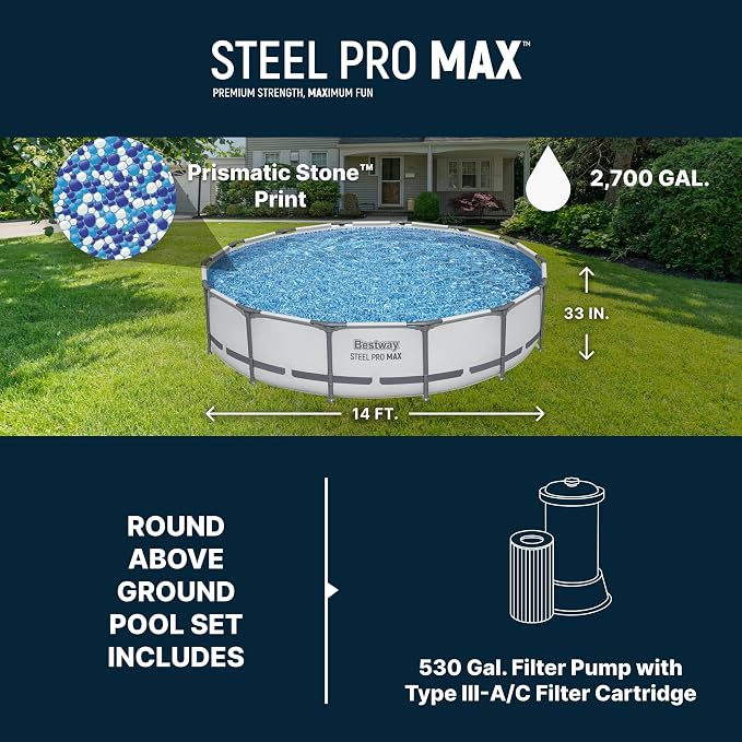 Bestway Steel Pro MAX 14' x 33" Round Above Ground Swimming Pool Set, 530 GPH Filter Pump, Tritech Puncture Resistant Liner, ClickConnect Steel Frame, Gray - Image 2