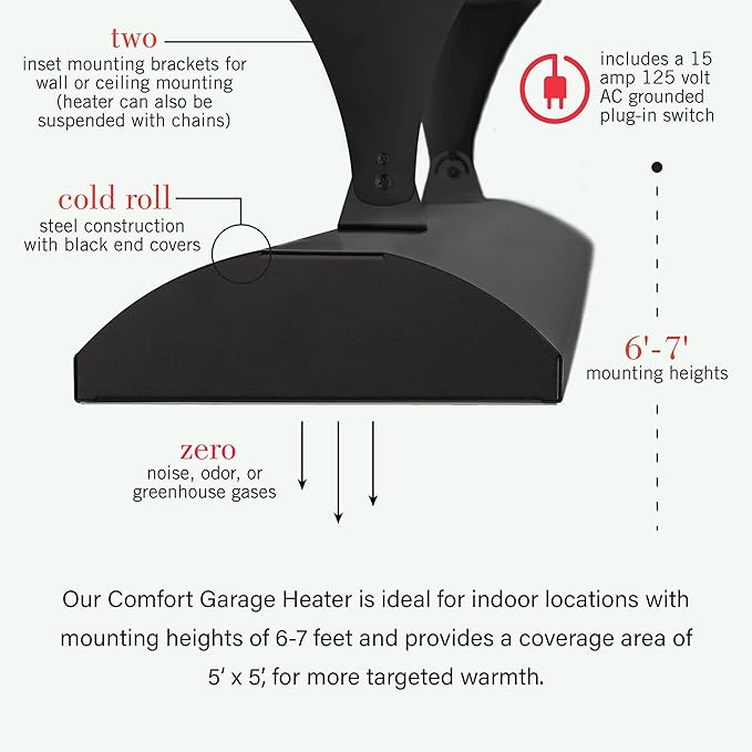 Infratech Comfort Garage Heater, Black Powder Coated Steel,1500 Watt, 120 Volt, 33" Long, Wall or Ceiling Mount Indoor Plug-in Heater