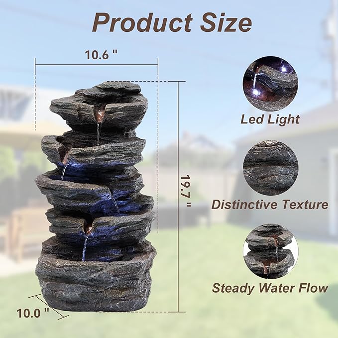 20" Outdoor Water Fountain with Lights, 5-Tiered Cascading Rock Water Fountain, Outdoor Garden Waterfall Decor for Garden, Patio, Courtyard