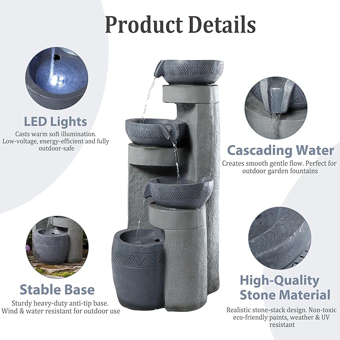 31.5" Tall Outdoor Water Fountain, 4 Tier Cascading Bowls and Stacked Water Fountain with LED Lights, for Yard Décor, Backyard, Patio and Deck (31.5'')