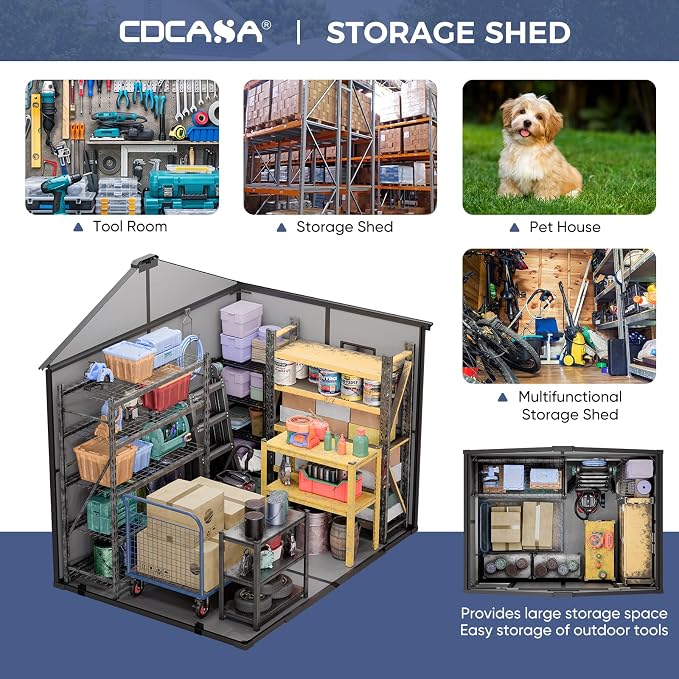 CDCASA 8x6x7 FT Resin Shed with Floor Included, Steel‑Reinforced Large Waterproof Outdoor Storage Sheds with Base & Lockable Door & Window & Vents, Outside Plastic Tool for Outside Patio Backyard - Image 7
