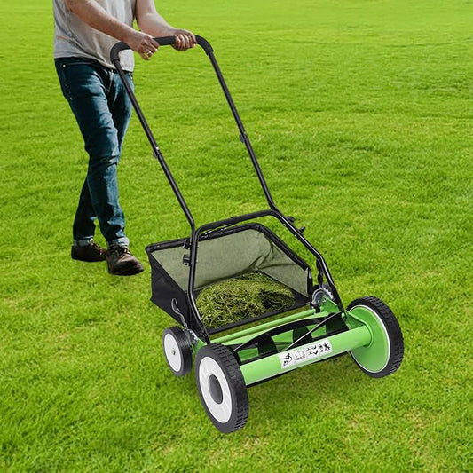 16-Inch Cordless Manual Reel Lawn Mower, Manual Lawn Mower with 5-Blade, Adjustable Cutting/Handle Height Grass Cutter with Grass Catcher for Villa Yards, Park Greening, Factory Greening by Genseino