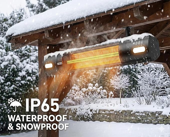 Wall Mounted Patio Heater with LED Light, 1500W Electric Outdoor Heater, Fast Carbon Infrared Heating with Remote & Timer, IP65 Waterproof for Backyard, Gazebo and Outside Evening