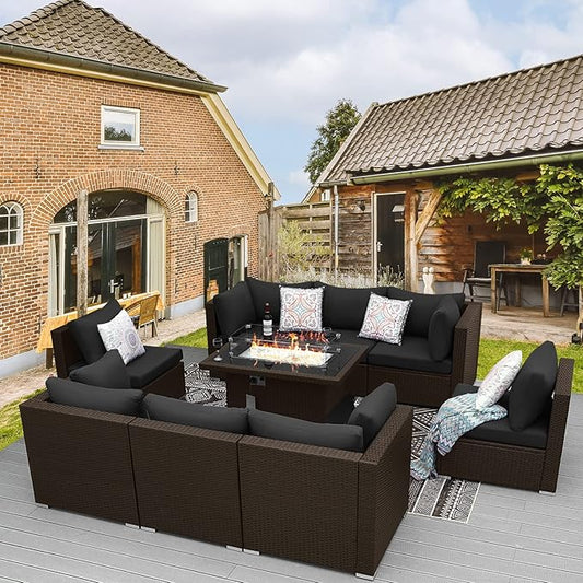 BULEXYARD 9 Pcs High Back Outdoor Sectional Set with Firepit Table, High-End Patio Furniture Seating Set, Big Oversized Wide Deep Modular 8-Seater Couch Sofa for Backyard, Brown Wicker & Black Cushion