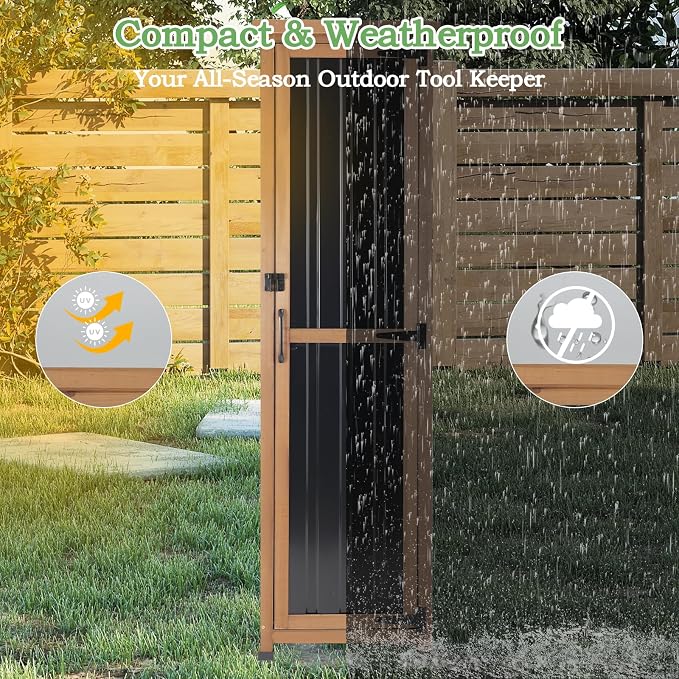 62" H Tall Narrow Outdoor Storage Cabinet with Metal Top, Outdoor Shed Storage Unit Waterproof with Adjustable Shelves for Garden, Patio, Living Room, or Entryway Storage, Black - Image 8