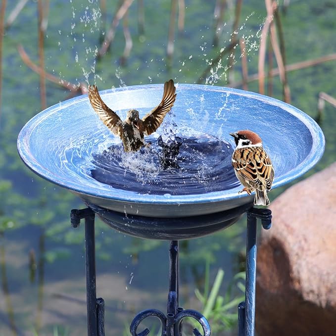 Solar Bird Bath for Outside, Metal Birdbath Stand and Solar Fountain Bird Bath Bubbler Combo Set, Solar Birdbaths for Outdoors Garden Lawn Yard Decor（Blue）