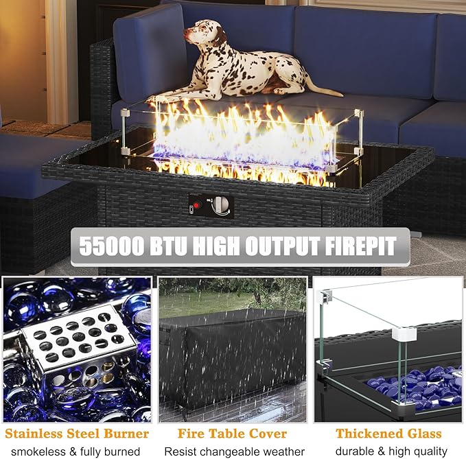 LayinSun 15 Piece Patio Furniture Set with Fire Pit Table, Outdoor Conversation Sets Wicker Rattan Sectional Sofa with Coffee Table